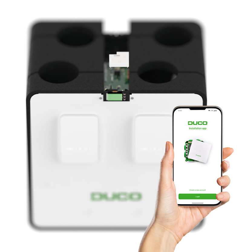 DucoBox Energy Comfort avec l'Appli DUCO Installation - aide pendant l'installation d'un eVMC DUCO